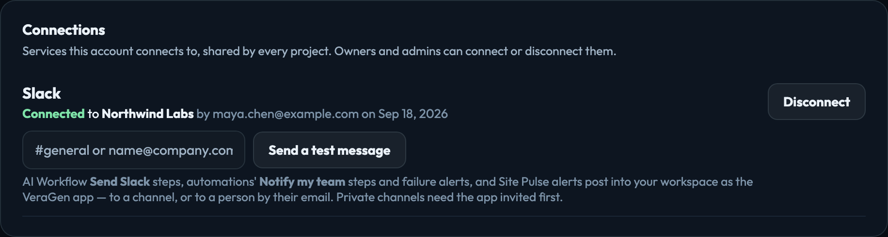 Account → Connections, with Slack connected