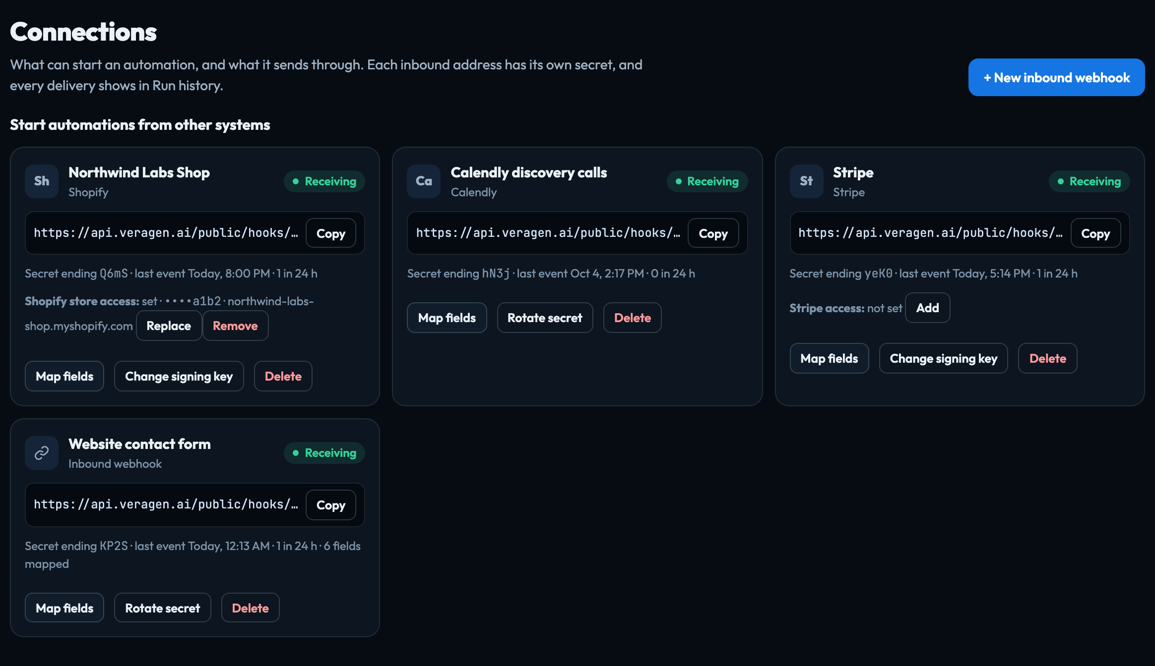 Connections receiving deliveries: a Shopify store with its access saved, Calendly, Stripe and a website contact form