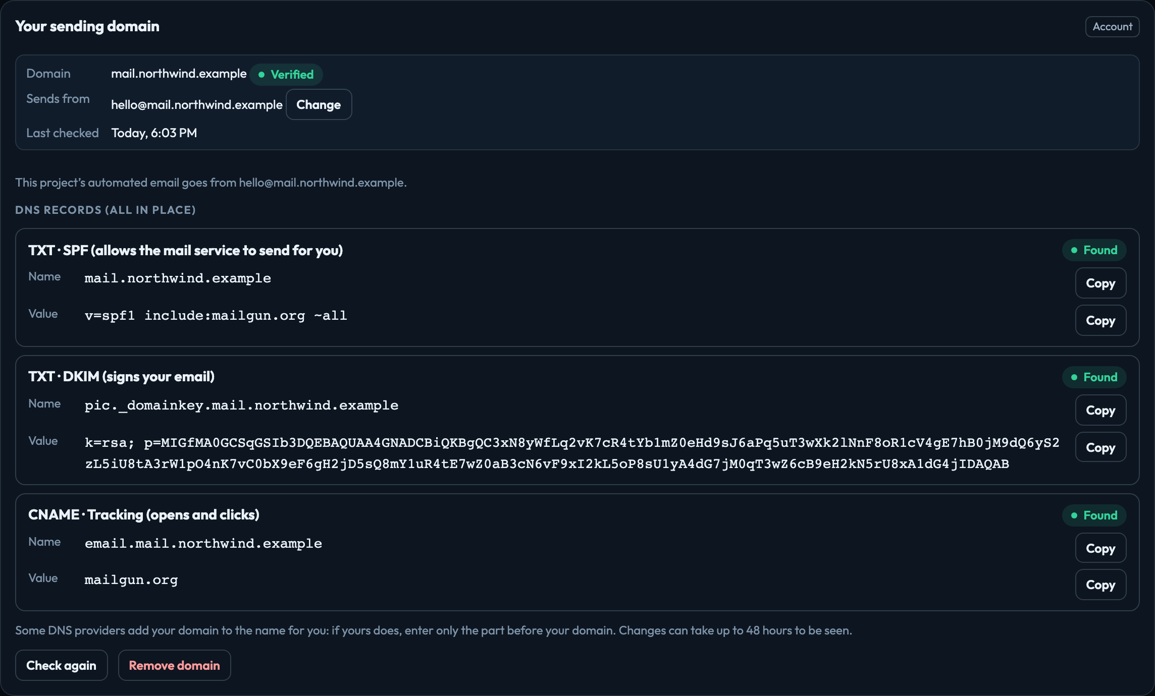 A verified sending domain: the address it sends from and its SPF, DKIM and tracking records, each found