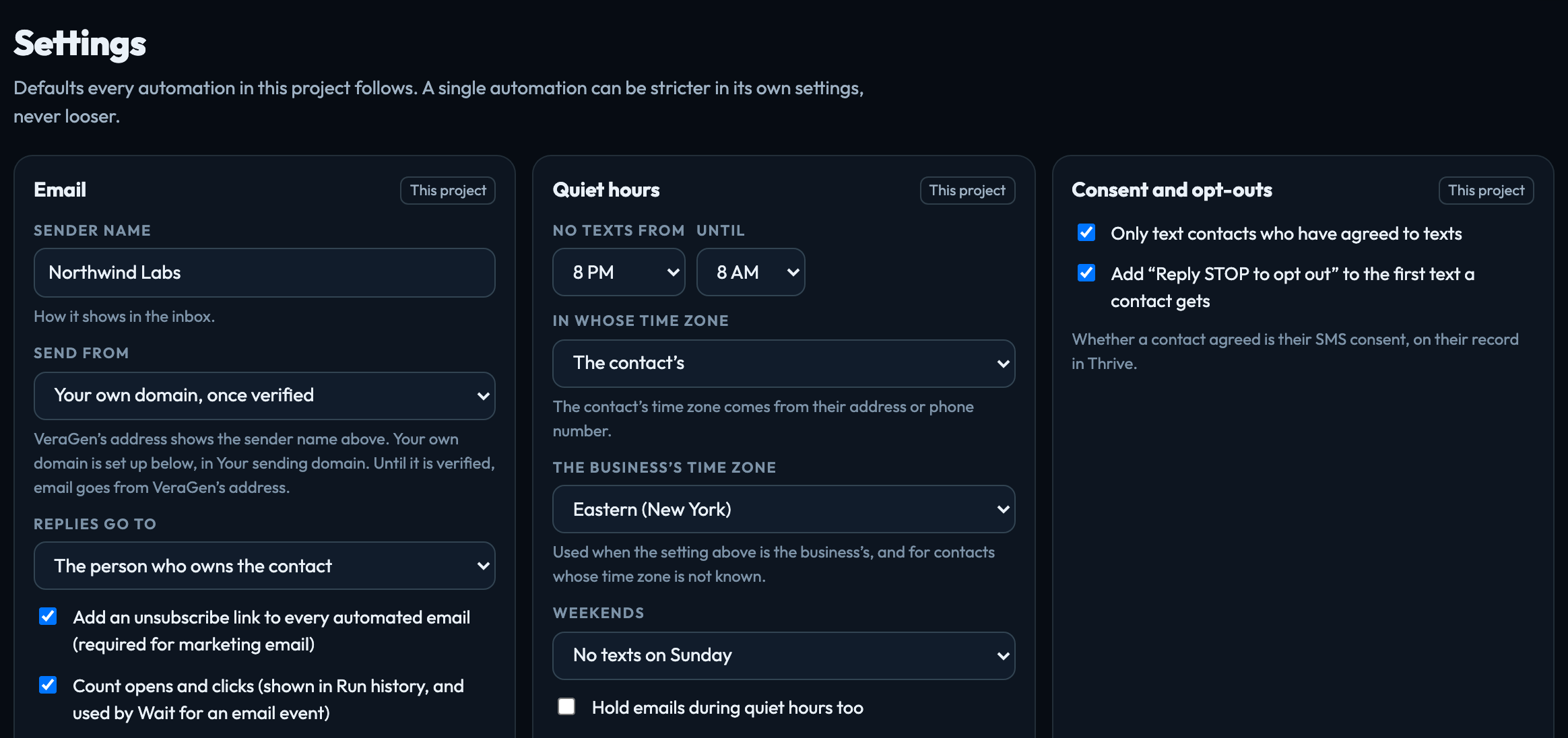 Automation settings: the sender name, sending from your own domain, where replies go, quiet hours and texting consent