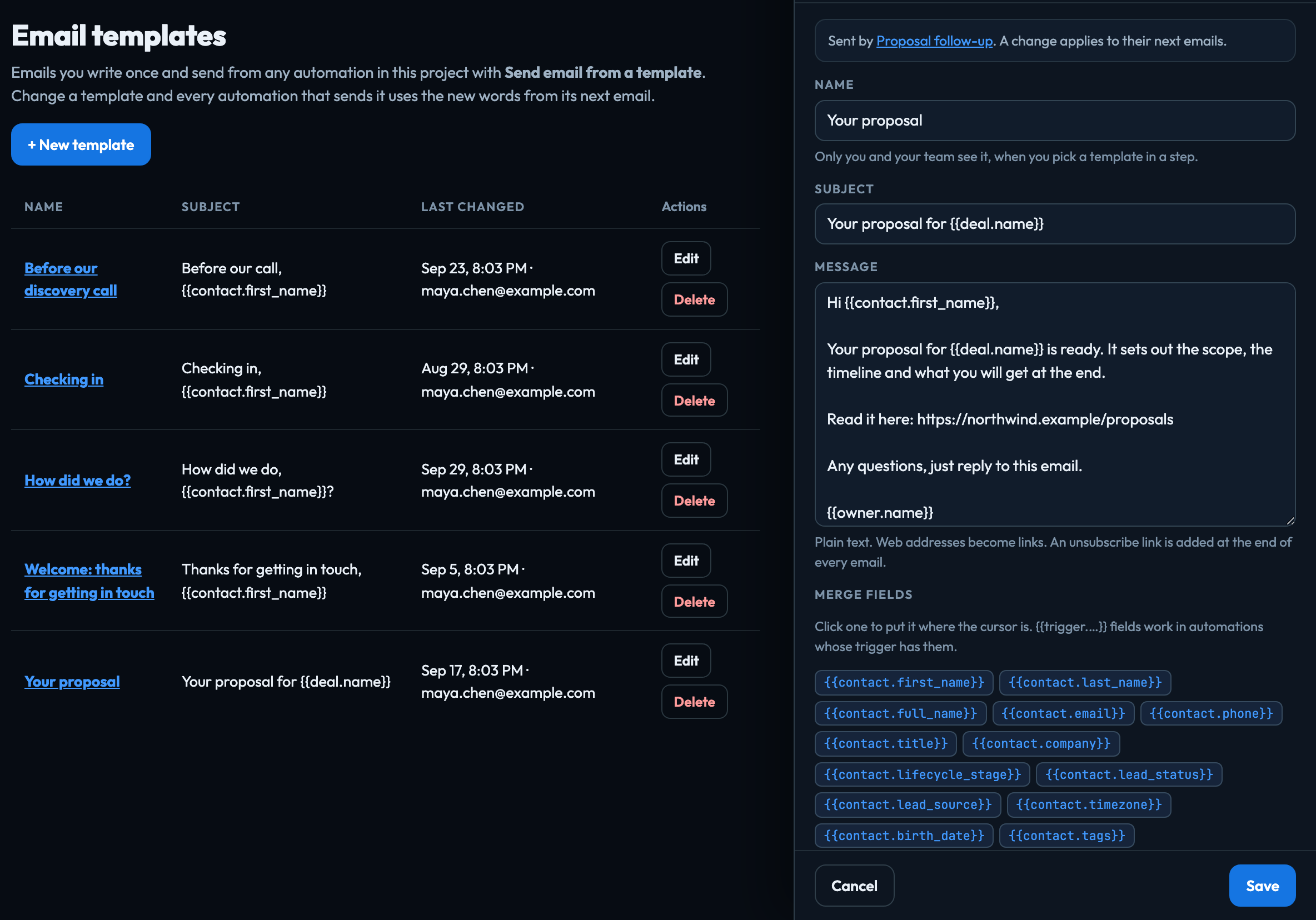 Email templates: a template open with the automation that sends it, its subject, message and the merge fields to insert