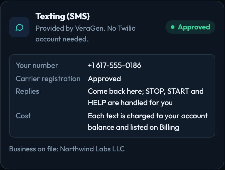 Texting ready: the account's number and its approved carrier registration