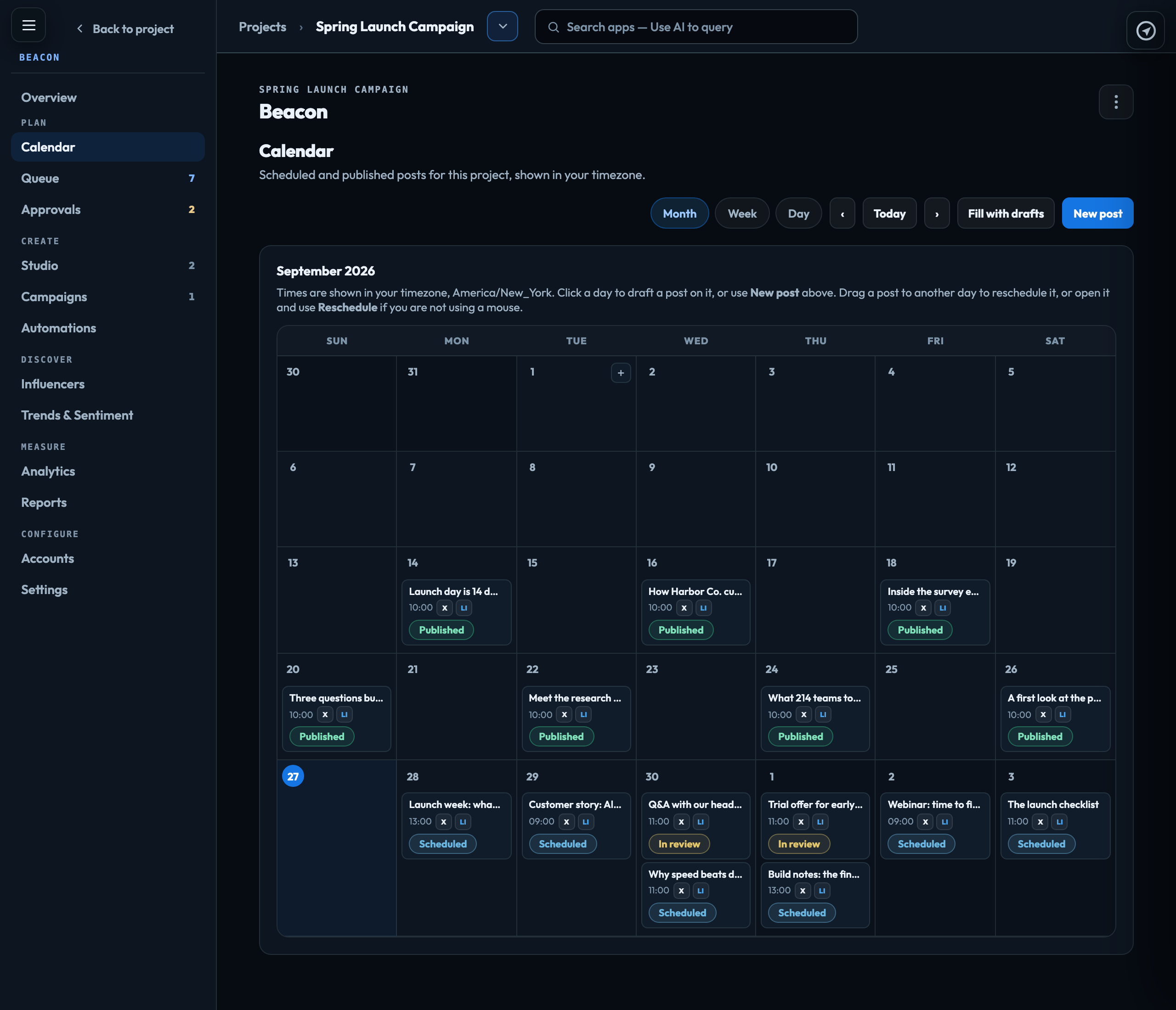 The calendar: two weeks of published posts and the week ahead scheduled on X and LinkedIn