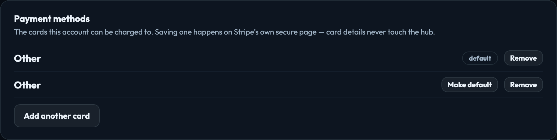Payment methods: saved cards, with the default marked