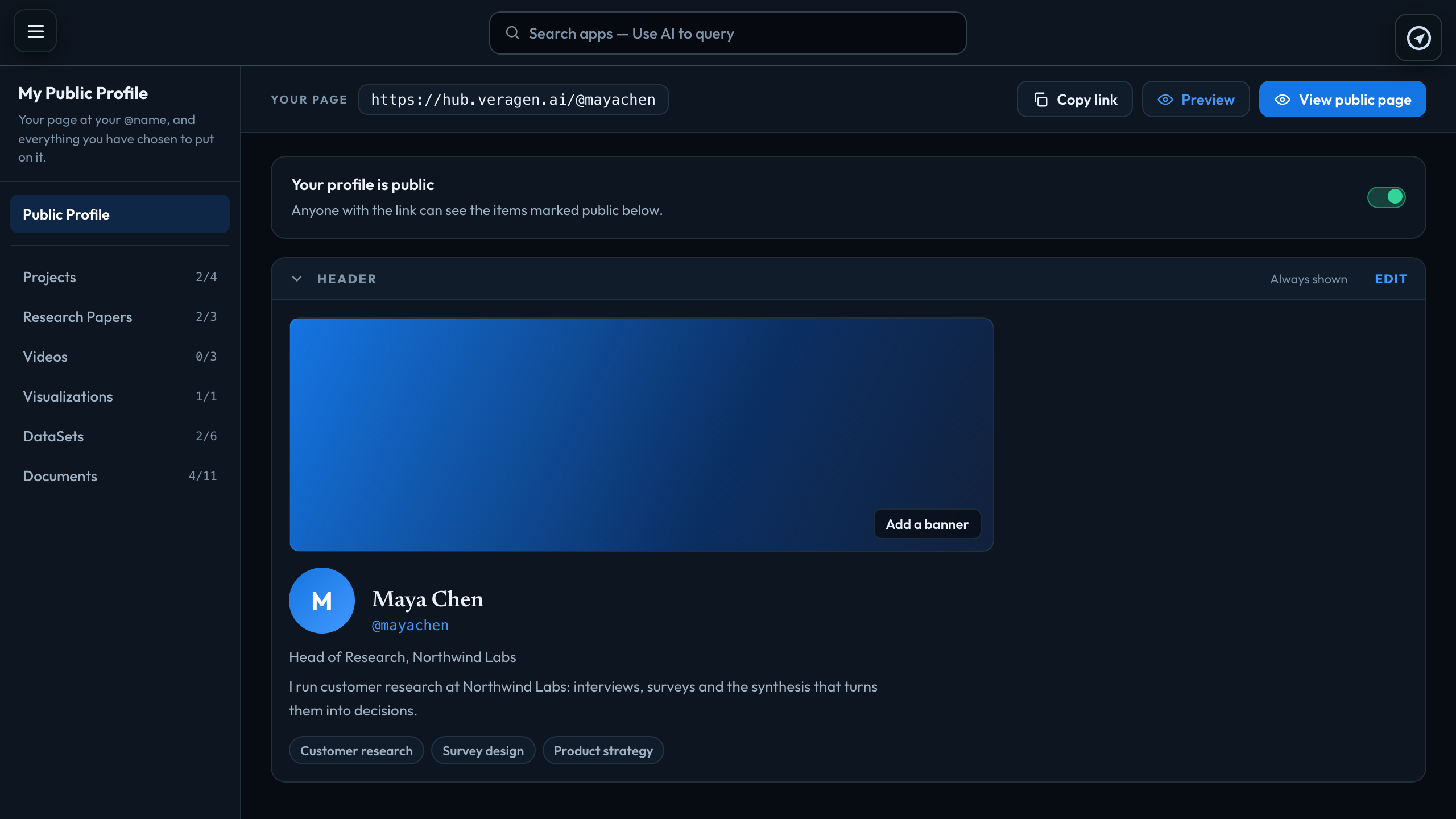 My Public Profile: the master switch, your header, and how many of each kind of work are public