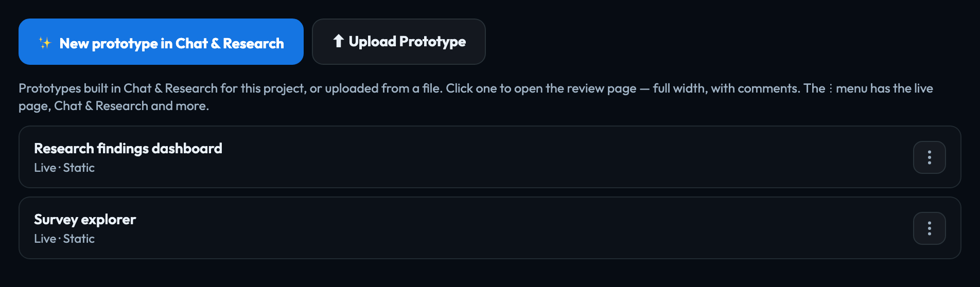 A project's prototypes, each with its status and how it was made
