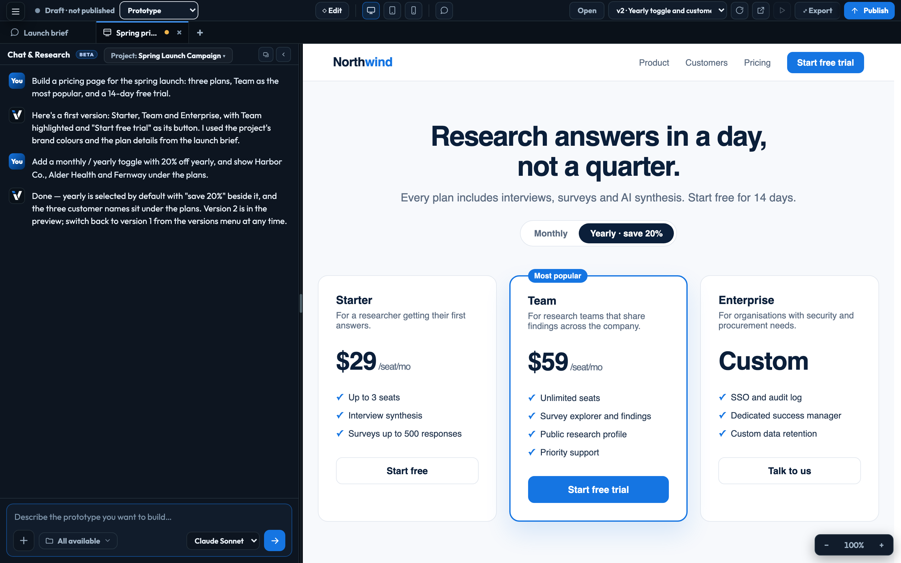 Building a pricing page: the conversation on the left, the prototype on its second version on the right