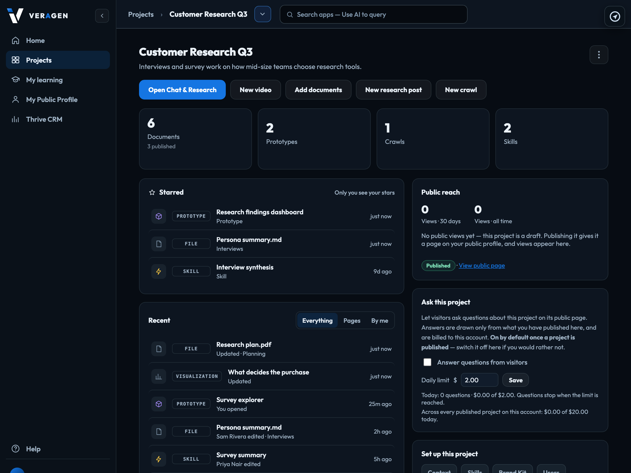 Inside a project: the rail on the left, the project bar and the search box at the top