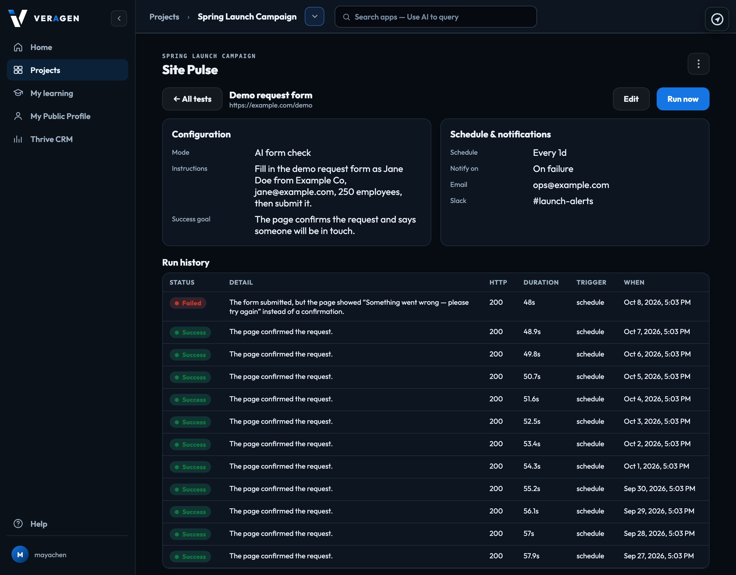 An AI form check that failed: its instructions, goal, alerts and run history