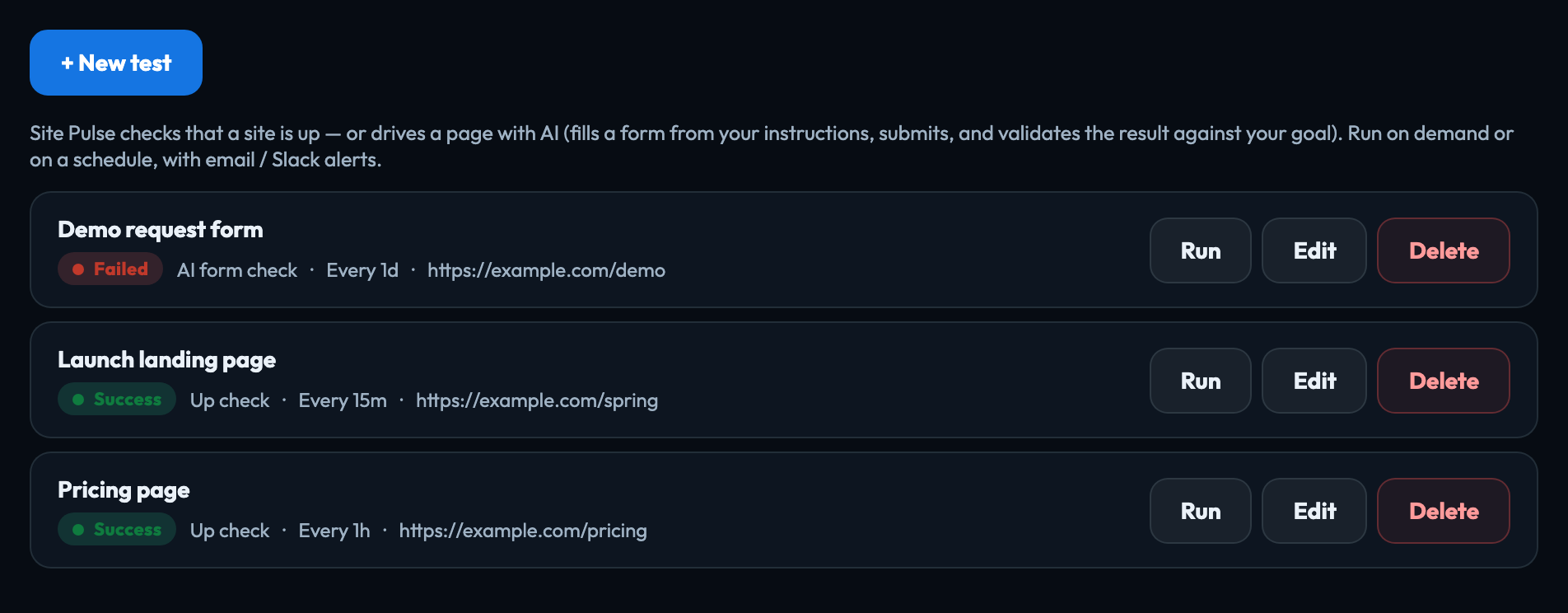 A project's Site Pulse tests: two healthy up checks and an AI form check that failed