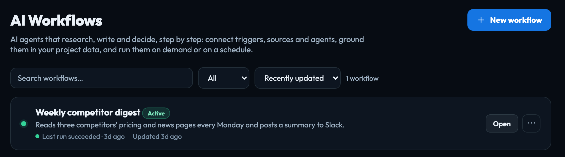 A project's workflows: a weekly digest whose last run succeeded